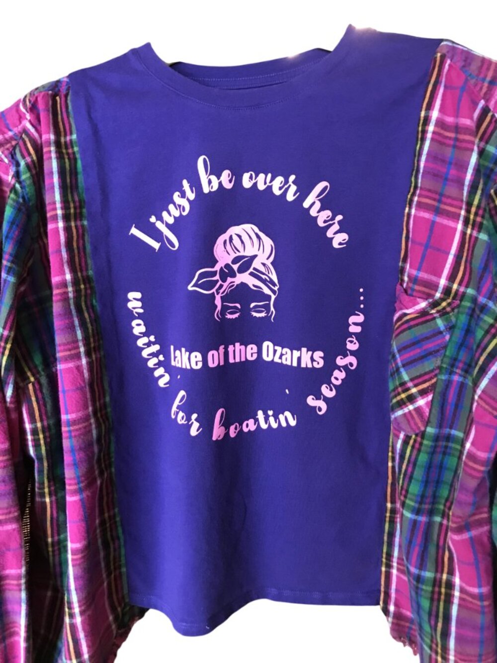 Upcycled Flannel Tee Oversized Lake of the Ozarks Graphic T-Shirt Size M-L